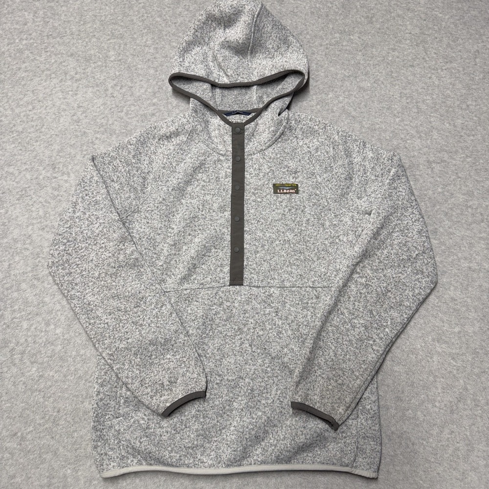 LL Bean Hoodie Womens Small Gray Fleece Henley Pullover Kangaroo Pocket Logo